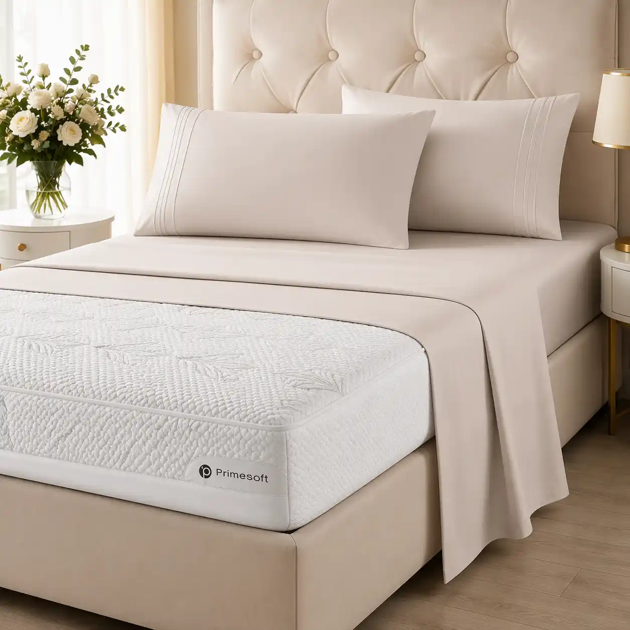 A neatly layered hotel-style bed with white sheets and plush pillows