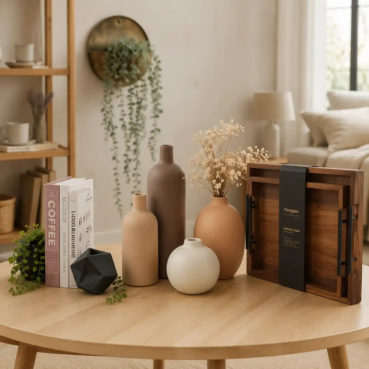 A beautifully styled wooden bookshelf in a modern living room